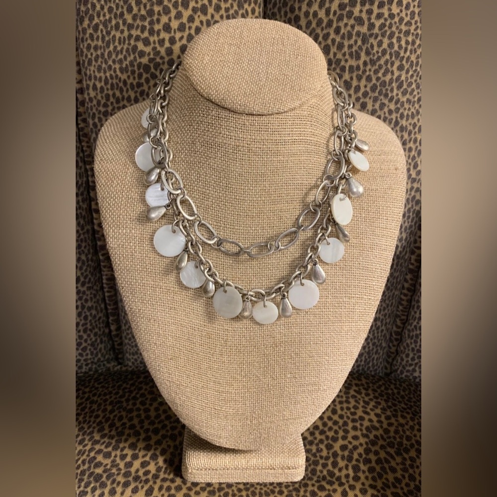 #J959  Premier Designs WHITE LINEN Mother of Pearl & Silver-tone Double Necklace